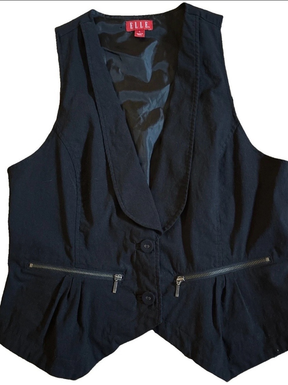 ELLE Black Shawl Collar Vest Button Up Ruched Back Sz L
